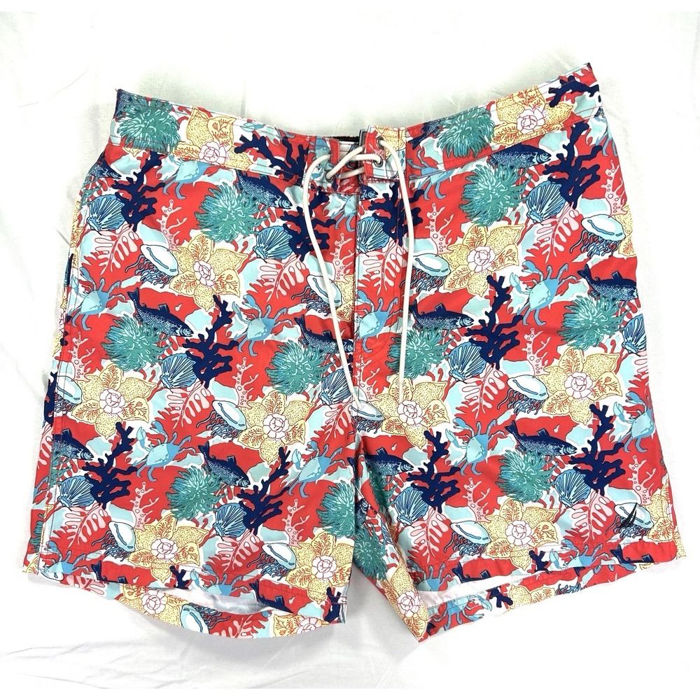 Nautica Mens XL Swim Trunks Red Blue Coral Reef Sea Life Print Board Shorts 0186